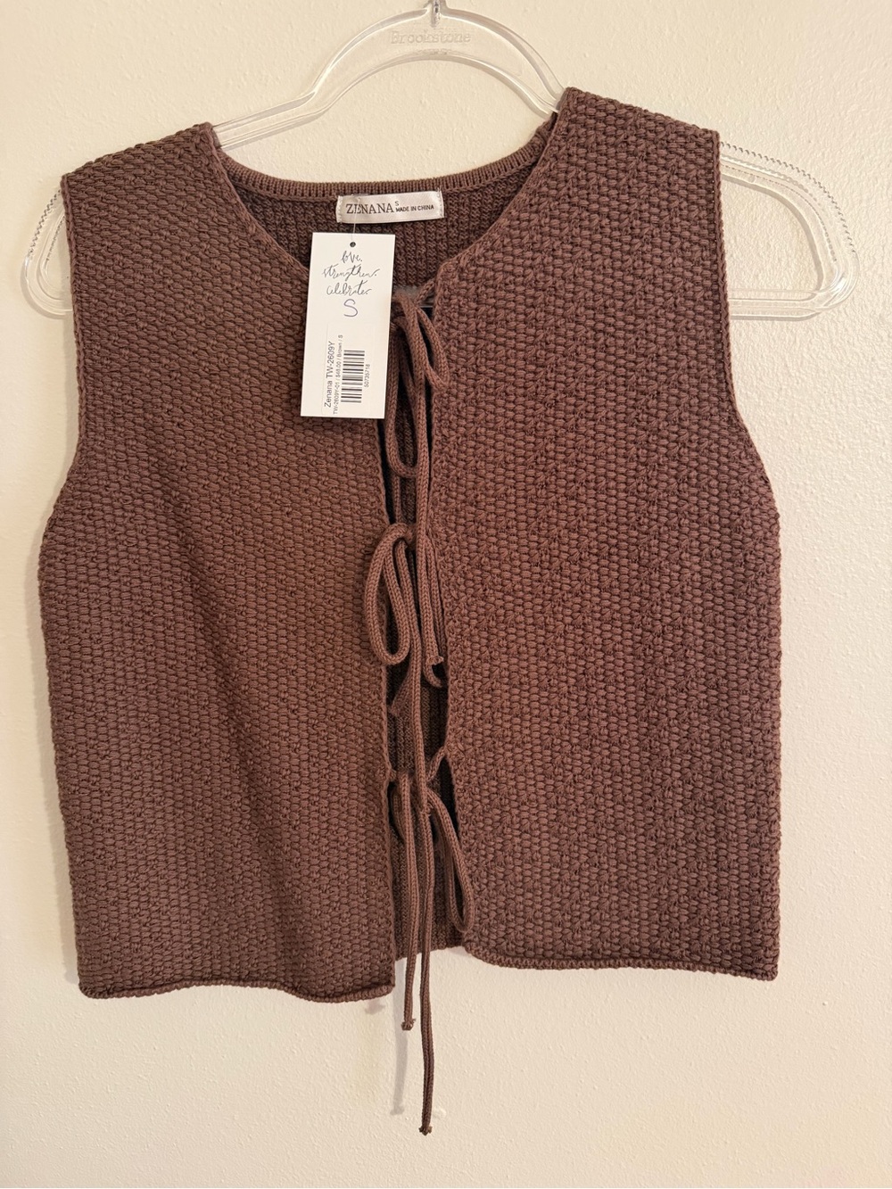 NWT - Zenana Outfitters Brown Open Front Tie Knit Vest (Sz Small)